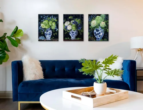 Vista 6 de DJSYLIFE Chinoiserie - Arte de pared – Jarrón de porcelana oriental azul y blanco con acuarela, impresiones florales de hortensias para decoración