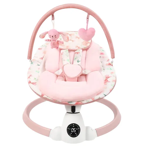 Vista 6 de Columpio para bebés con 5 velocidades de oscilación, columpio eléctrico portátil para bebé con Bluetooth, panel táctil, arnés de 5 puntos, uso