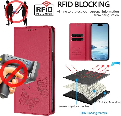 Vista 8 de Butterfly Embossed Leather Wallet Flip Case for Motorola Moto E22i 4G, Magnetic Closure, RFID Blocking Cover, Card Holder Red.