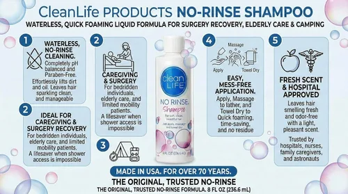 Vista 2 de No-Rinse CleanLife Products Champú, 8 onzas líquidas, sin agua, sin enjuague, fórmula líquida de espuma rápida para recuperación quirúrgica, cuidado