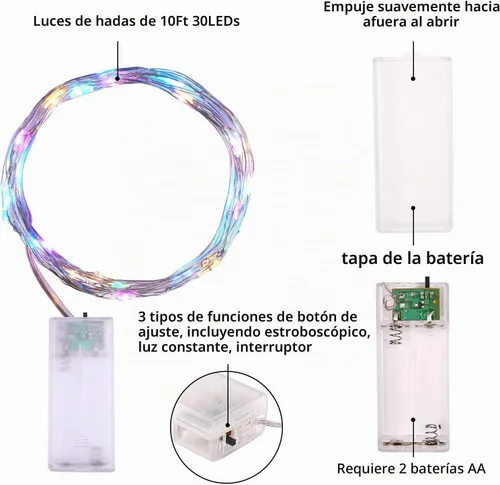 Vista 7 de Mandiq Paquete de 4 Luces de Hadas que Funcionan con Pilas, Cadena de Luces 10 pies 30 LEDs, Modo de Luz Intermitente y Constante, Mini Luces