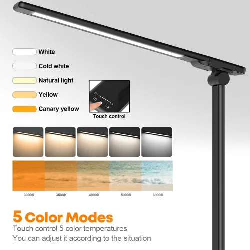 Vista 3 de Lámpara de escritorio LED para cuidado de los ojos, lámpara de mesa regulable con 2 puertos de carga USB y 10 niveles de brillo x 5 modos