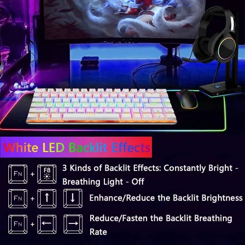 Vista 8 de FELICON Teclado mecánico, AK33 Rainbow LED retroiluminado con cable USB para juegos, teclado mecánico compacto de 82 teclas con teclas antifantasmas