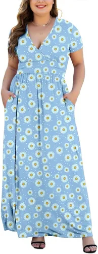 Vista 6 de Maxi vestido casual para mujer, diseño de manga corta con cuello en V y bolsillos, tallas L-5XL A01-negro