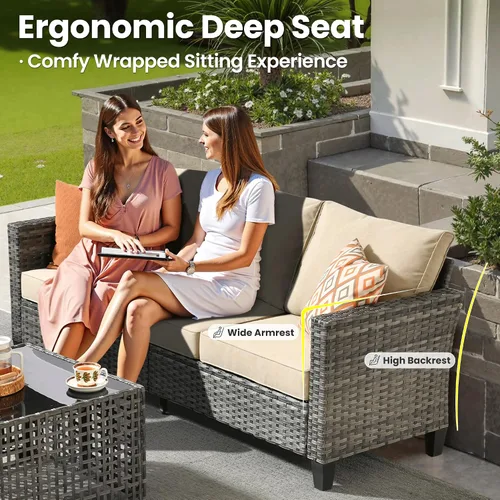Vista 5 de ovios Juego de muebles de patio de 4 piezas con sofá de exterior, luces solares, mesa, cojines cómodos, sofá de conversación de mimbre de ratán