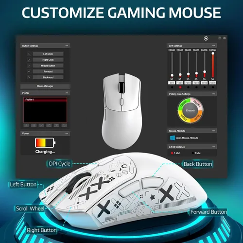 Vista 5 de ATTACK SHARK R1 Ratón inalámbrico para juegos, conexión tri-modo (2.4G/con cable/BT5.2), 55g de peso ligero, sensor óptico de 18K DPI, vida útil