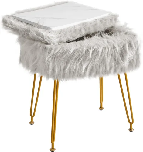 Vista 11 de IBUYKE Taburete rectangular de piel sintética con almacenamiento, color blanco WBD022W Furry Makeup Chair Ottoman Soft Padded Seat Round Footrest