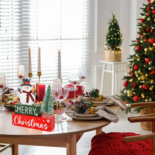 Vista 6 de Decoraciones de Navidad para interiores, muñeco de nieve de madera, mesa de Navidad para el hogar, centros de mesa de Navidad, centros de mesa