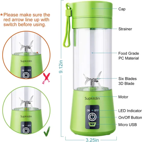 Vista 4 de Licuadora portátil, mezcladora personal de frutas recargable con USB, mini licuadora para batidos, jugo de frutas, batidos de leche, 12.8 fl oz
