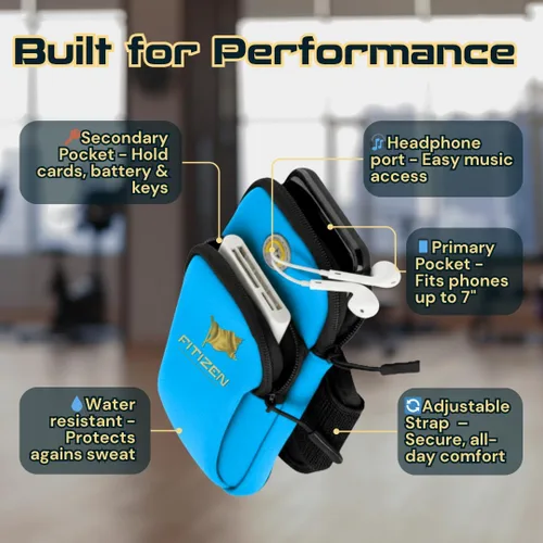 Vista 7 de Fitizen - Brazalete de teléfono para correr, color azul cielo, ajustable, resistente al agua, para iPhone y Android, para el ciudadano activo
