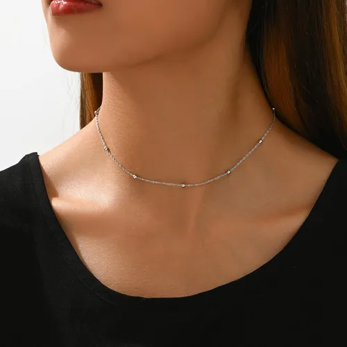 Vista 2 de Delicado collar de cadena para mujer, chapado en oro de 18 quilates, gargantilla de disco de moneda, collar simple de cadena trenzada con cuentas
