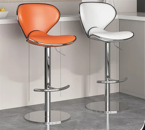 Vista 5 de Juego de 2 taburetes giratorios para mostrador de desayuno, taburete ergonómico con respaldo de barra, altura ajustable, cuero de napa cromado