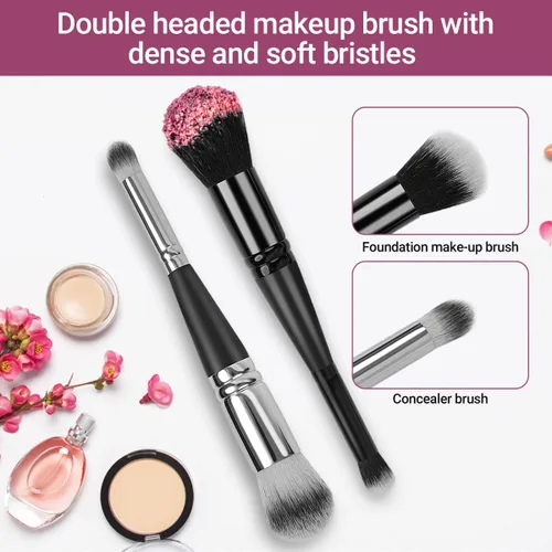 Vista 5 de Brocha de maquillaje de doble extremo, ideal para líquidos, crema, polvo, mezcla, pulido, corrector, (plata, negro) 2
