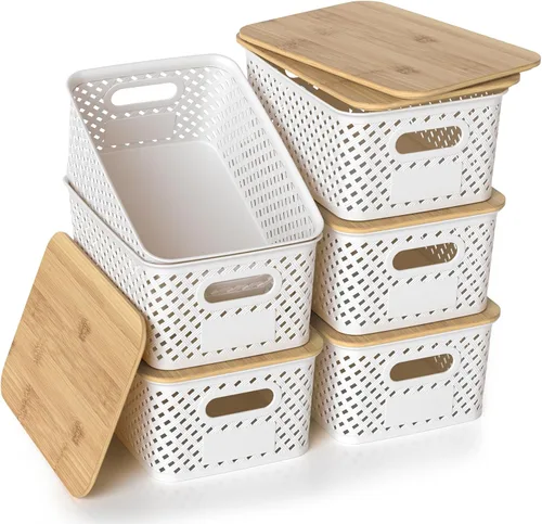 Vista 9 de Contenedores de almacenamiento de plástico con tapas de bambú, canastas pequeñas apilables para organización y contenedores para estantes, cajones