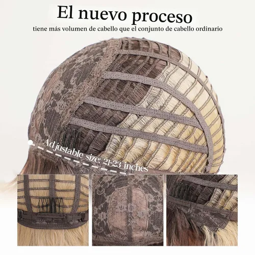 Vista 4 de HAIRCUBE Pelucas de color marrón a rubio con flequillo, pelucas sintéticas de cabello rizado, pelucas de cabello largo ondulado natural resistente