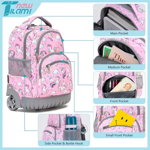 Vista 4 de Mochila rodante de 16 pulgadas, nueva mochila TILAMI para laptop con ruedas para niñas y niños en la escuela, Unicorn