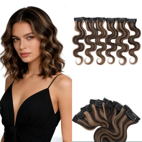 Vista 23 de 6 extensiones de cabello real con 6 clips, cabello ondulado de 10 pulgadas, color marrón oscuro
