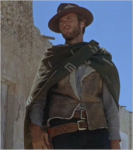 Vista 9 de Sharpshooter Clint Eastwood Spaghetti Western Original Pattern 100% lana Poncho con sombrero de cuero