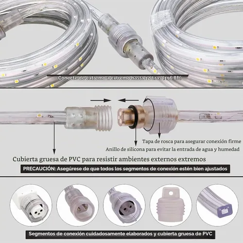 Vista 4 de Tira de luces LED blancas frías de 16.4 pies, 5000 K, para exteriores, 120 V IP65, plana Luz diurna