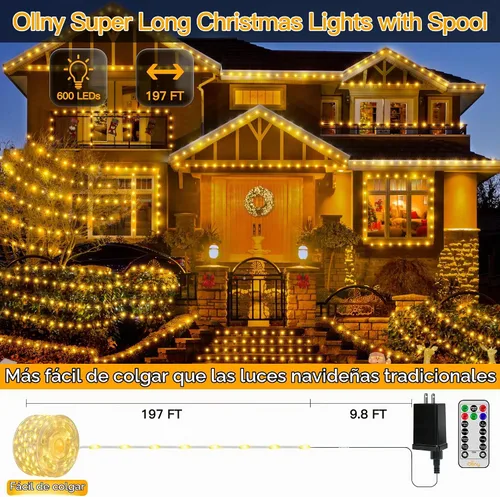 Vista 2 de Ollny Luces de Navidad de color blanco cálido, 600 LED de 197 pies, luces de árbol de Navidad IP67 impermeables, luces de hadas enchufables