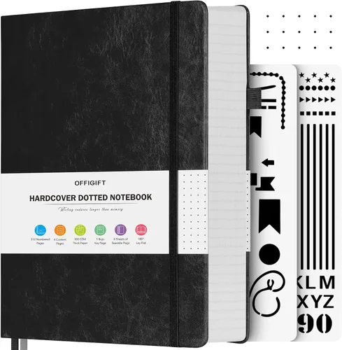 Vista 24 de Diario de viñetas punteadas, diario grande de cuero de tapa dura A4, diario grueso de 312 páginas numeradas, cuaderno con cuadrícula de puntos