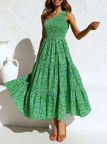 Vista 9 de ZESICA Vestido largo midi de verano bohemio con estampado floral de un hombro, sin mangas, fruncido con volantes, escalonado, para playa