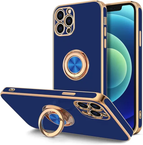 Vista 14 de Hython Funda para iPhone 12 Pro Max con Soporte de Anillo [Soporte Magnético Giratório de 360°] [Forro de Microfibra Suave] Borde Chapado en Oro