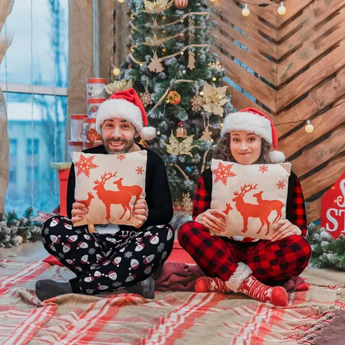Vista 6 de ELUTONG Pijamas de Navidad para mujeres, hombres y parejas, conjunto de pijama de manga larga a juego de satén suave, ropa de dormir S-XXL