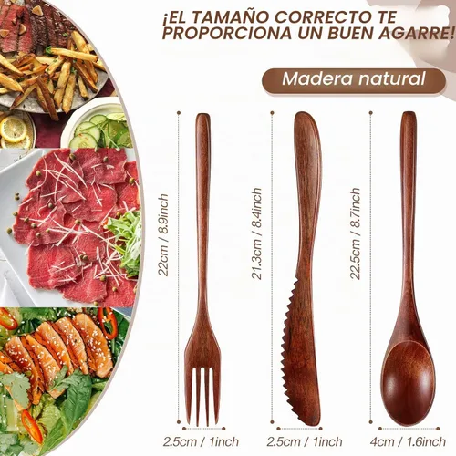 Vista 2 de Geiserailie Juego de 12 utensilios de madera para comer cuchara de madera y tenedor