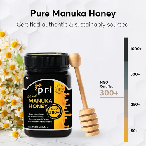 Vista 3 de Miel de Manuka P.R.I, MGO 300+, 1.1 lb (500 g) Miel Cruda de Manuka de Nueva Zelanda Miel monofloral de Nueva Zelanda de potencia elevada
