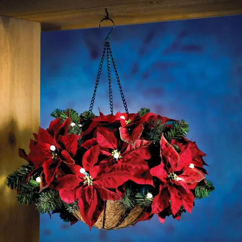 Vista 2 de Cesta colgante de Navidad preiluminada de 17.7 pulgadas, flor de pascua artificial, maceta colgante de flores de Navidad con luces, cesta de Navidad