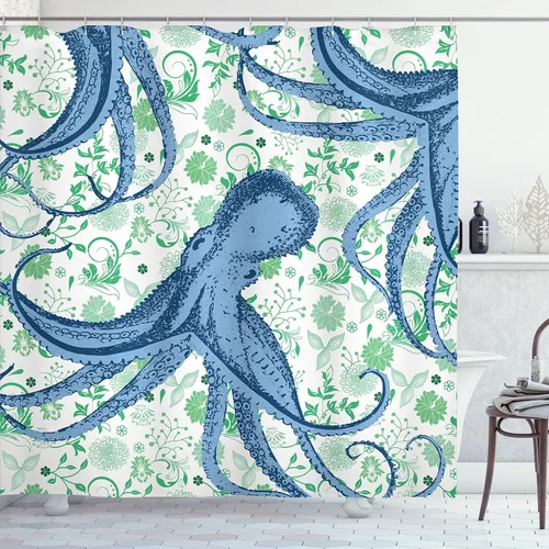 Vista 41 de Ambesonne Decor Collection, juego de cortina con ganchos para regadera
