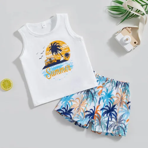 Vista 9 de Conjunto de pantalones cortos para niños pequeños, camiseta estampada junto al mar, 2 piezas, ropa de verano