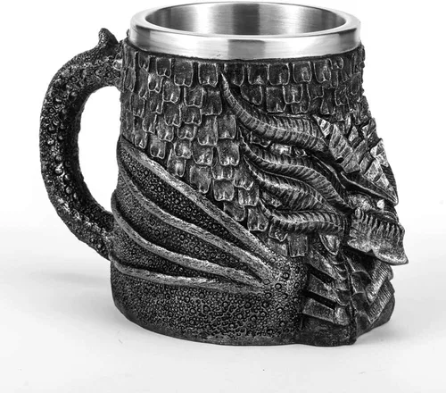 Vista 2 de Taza medieval de cerveza de dragón, taza de café de acero inoxidable para coleccionista de dragones, decoración de fiesta temática, taza de jarra
