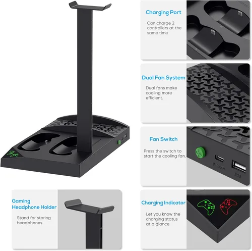 Vista 2 de Soporte de cargador con ventilador de refrigeración para consola Xbox Series S y controlador, accesorios de base de carga dual vertical con 2