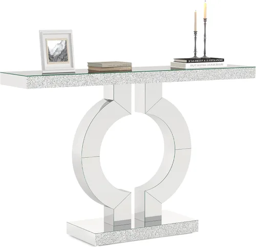 Vista 8 de LITTLE TREE Mesa consola de vidrio espejo de 43 pulgadas con base en forma de O, mesa de entrada de vidrio para sala de estar, moderna mesa de sofá