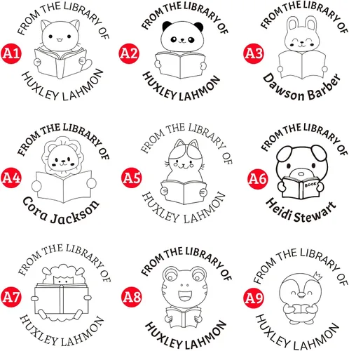 Vista 2 de Sello de libro, sello de libro personalizado para biblioteca, hasta 9 diseños con 5 colores de tinta (sello de libro de animales)