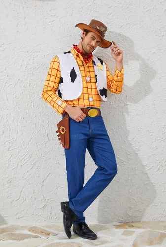 Vista 5 de LILLIWEEN Woody - Disfraz de vaquero para adultos, disfraz de sheriff para Halloween, disfraz de uniforme de Halloween