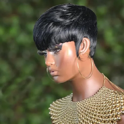 Vista 3 de Pelucas de cabello humano para mujeres negras, pelucas cortas de corte Pixie, pelucas cortas de corte de pelo en capas con flequillo, pelucas hechas