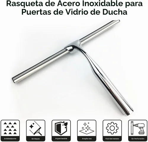 Vista 6 de Escobilla de goma para puerta de cristal de ducha con soporte, hoja de silicona de 10 pulgadas, mango cromado de acero inoxidable, para ventana