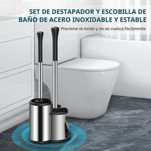 Vista 4 de Émbolo de inodoro y cepillo de inodoro con soporte de émbolo y cepillo de inodoro combinado con mango de acero inoxidable para limpieza de baño