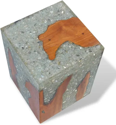 Vista 7 de Taburete de madera maciza de teca y resina, taburete de tocón de árbol con borde vivo, mesa auxiliar de borde natural, soporte para plantas, mesita