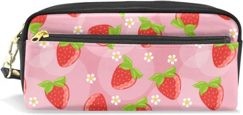 Vista 18 de Estuche portátil de gran capacidad con diseño floral de frutas de fresa, bolsa de maquillaje de piel sintética, organizador de maquillaje con asa