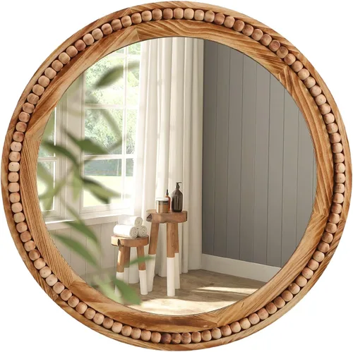 Vista 9 de ULIKE Espejo redondo de madera, espejo de pared circular irregular de 24 pulgadas con marco de madera, soporte de pared decorativo rústico
