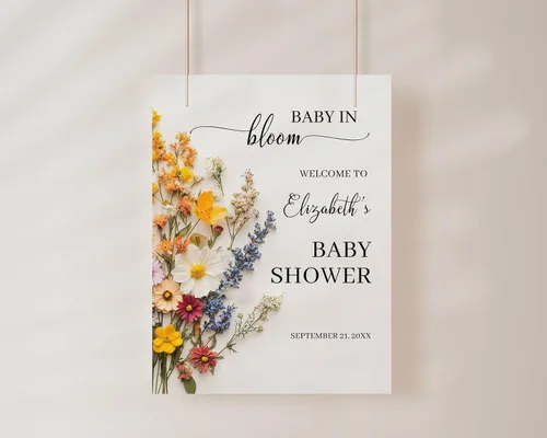 Vista 23 de Letrero de bienvenida personalizado de flores silvestres para baby shower, letrero floral bohemio para baby shower, letrero con nombre personalizado
