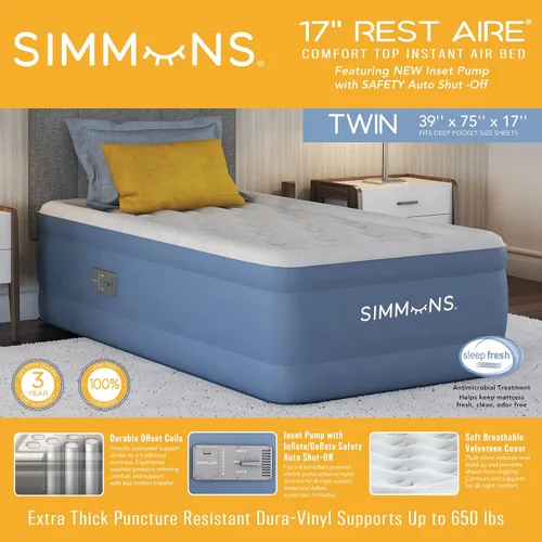 Vista 5 de Simmons Rest Aire Colchón cama de aire con bomba lateral incorporada y cubierta de terciopelo suave: individual