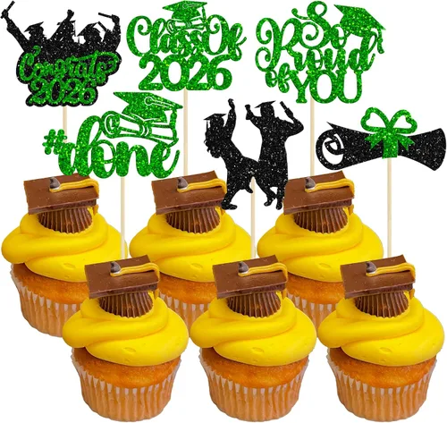 Vista 25 de Gyufise 24 piezas de decoración para cupcakes con purpurina para graduación 2026, decoración de pasteles para graduación 2026, decoración de Negro