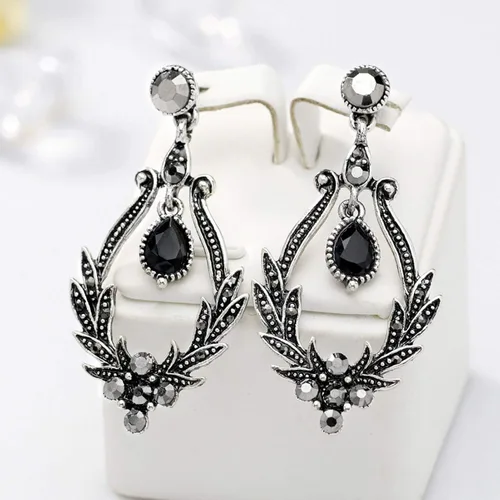 Vista 9 de Pendientes de aro con forma de gota y colgante, diseño vintage de flores huecas con diamantes de imitación, regalo para mujeres, adolescentes