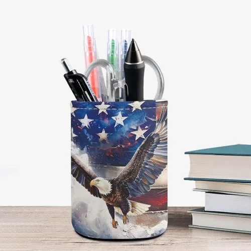 Vista 4 de Dreaweet Soporte para lápices de piel sintética con bandera de Estados Unidos, águila calva para escritorio, organizador de papelería de escritorio