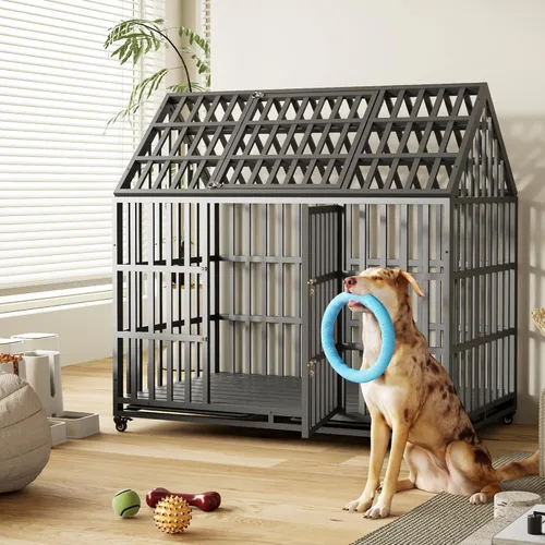 Vista 11 de Jaula grande para perros, jaula de hierro galvanizado resistente de 47 pulgadas para perros, muebles con puerta delantera, puerta superior y 4